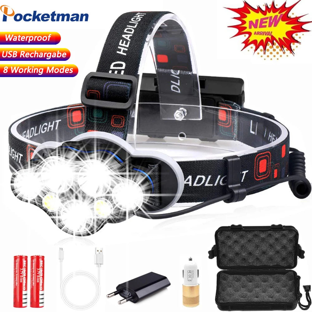 POCKETMAN 7 LED Headlamp – 12000 Lm, USB Rechargeable, IPX4