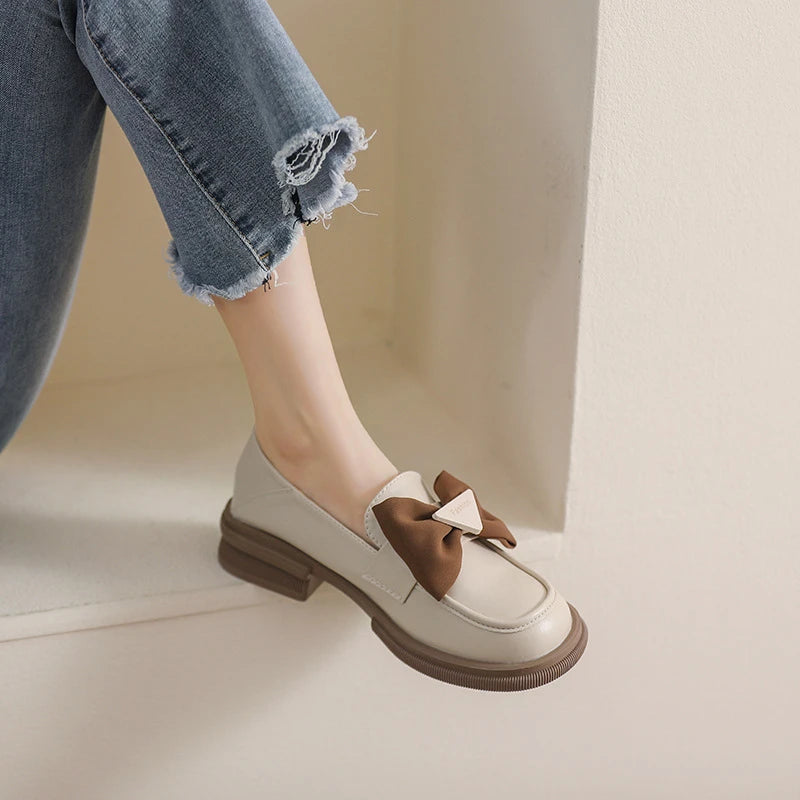 Women Soft Sole Loafers Bow Decor Retro Platform Chunky Heel British Zpaxo