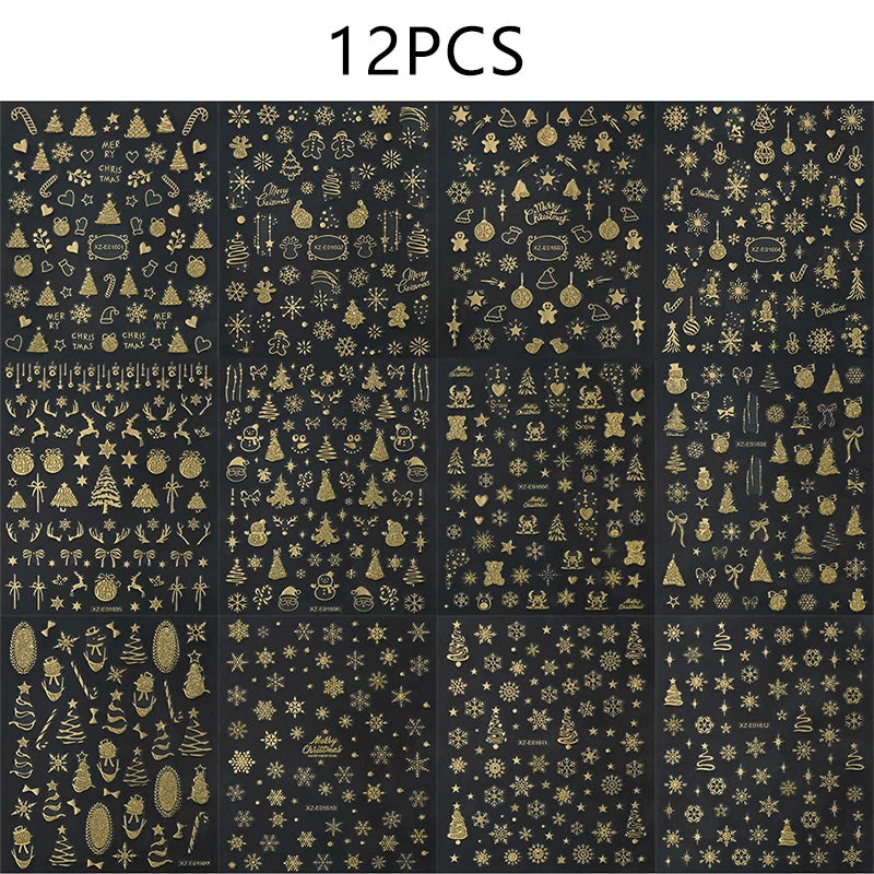 1 Gold Stamping Christmas Nail Stickers 3D Sparkling Snowman Zpaxo Set-Gold-12pcs