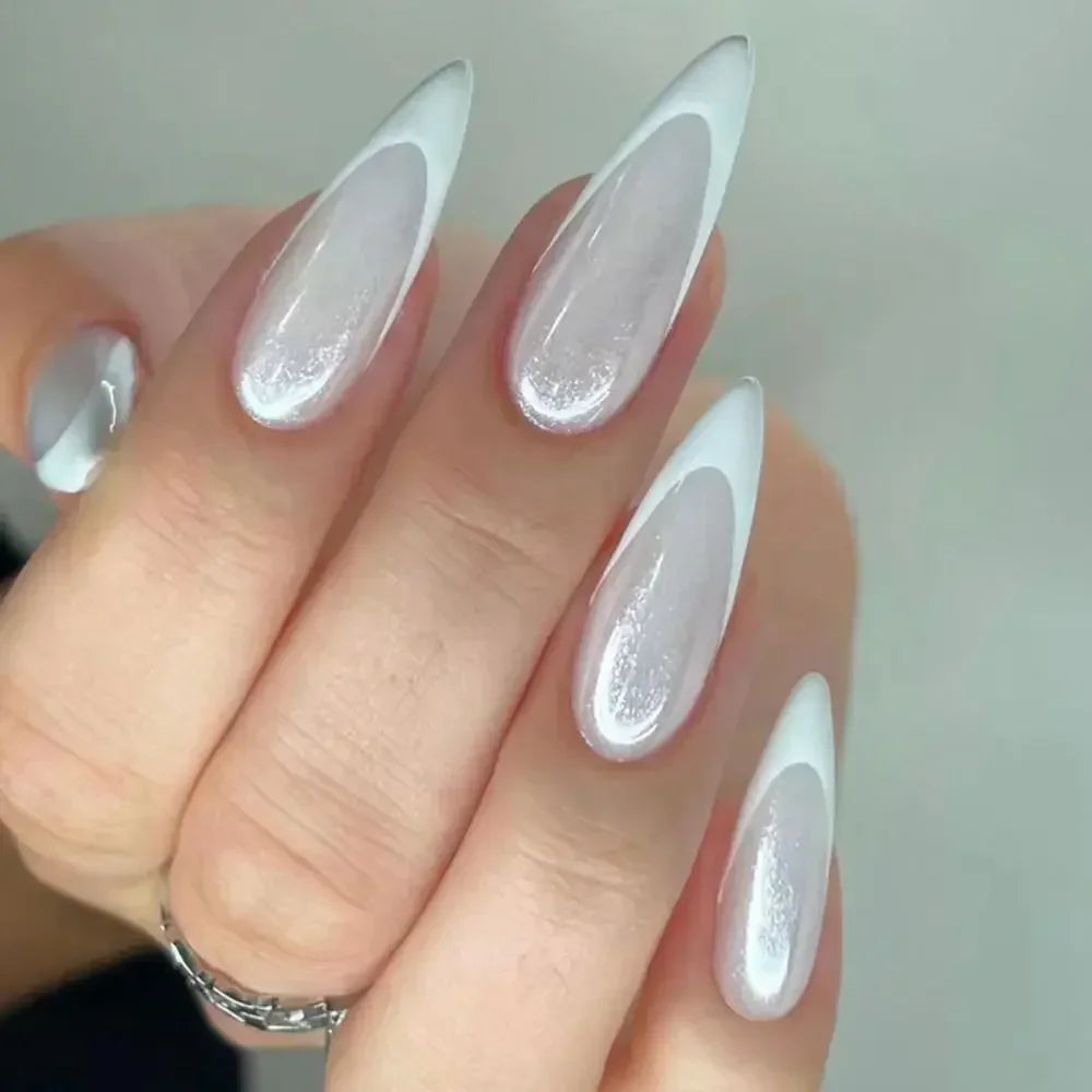 Long Almond False Nails French Leopard Star Press Fake DIY Manicure