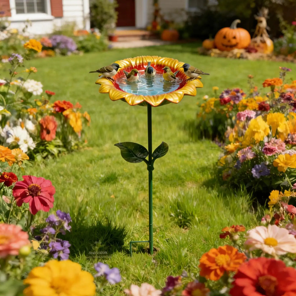Bird Bath Stake Metal Garden Decor Feeding Bowl Hummingbird Finch