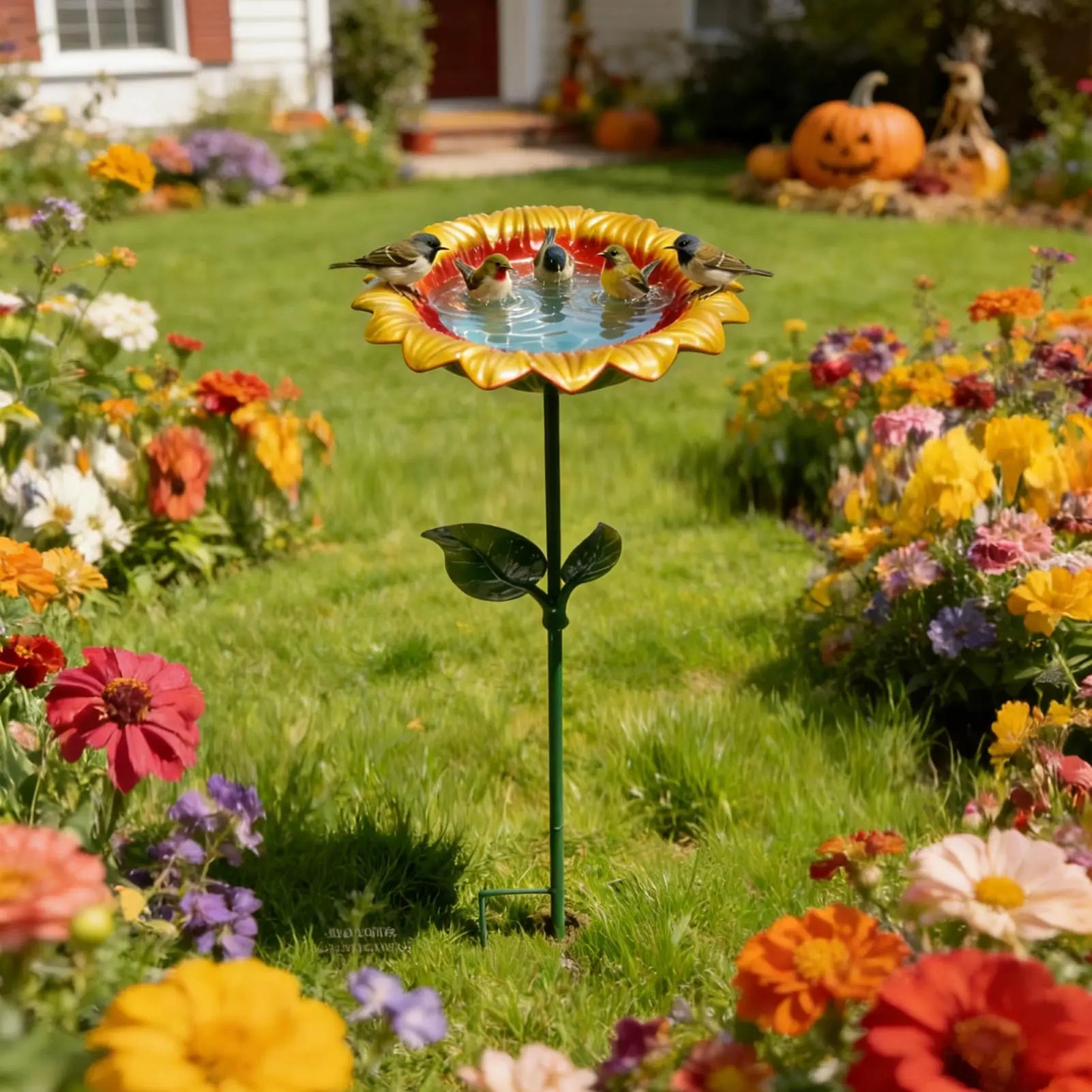 Bird Bath Stake Metal Garden Decor Feeding Bowl Hummingbird Finch