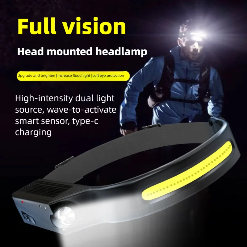 COB LED Headlamp Sensor Headlight Built-in Battery Flashlight USB
