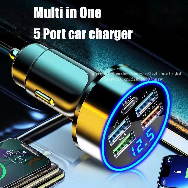 USB Car Charger C 150W 5 Port PD Fast Charging Adapter Iphone 13 Max