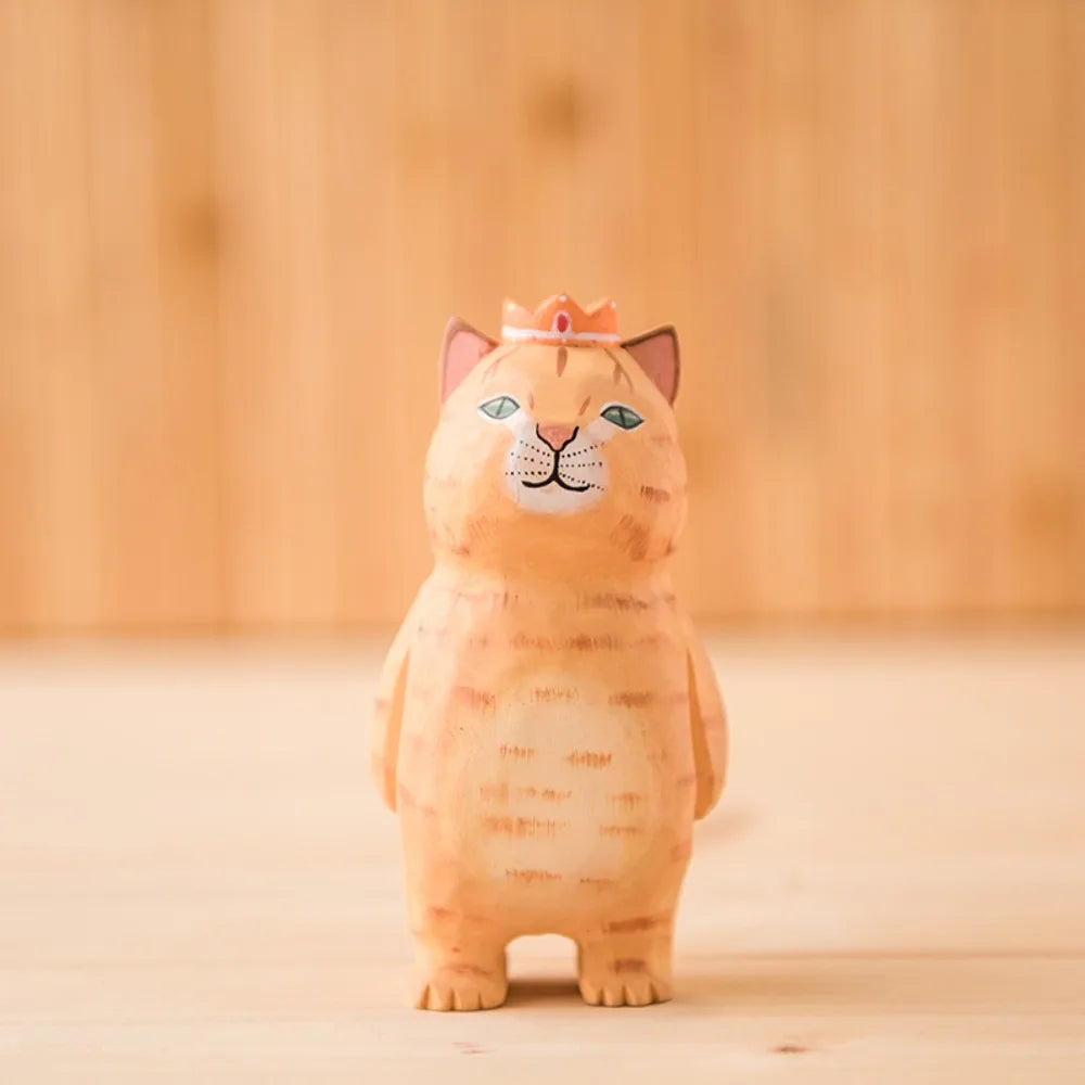 Cute Wood Carving Cat Ornament Small Simple Painted Cartoon Sculpture Zpaxo