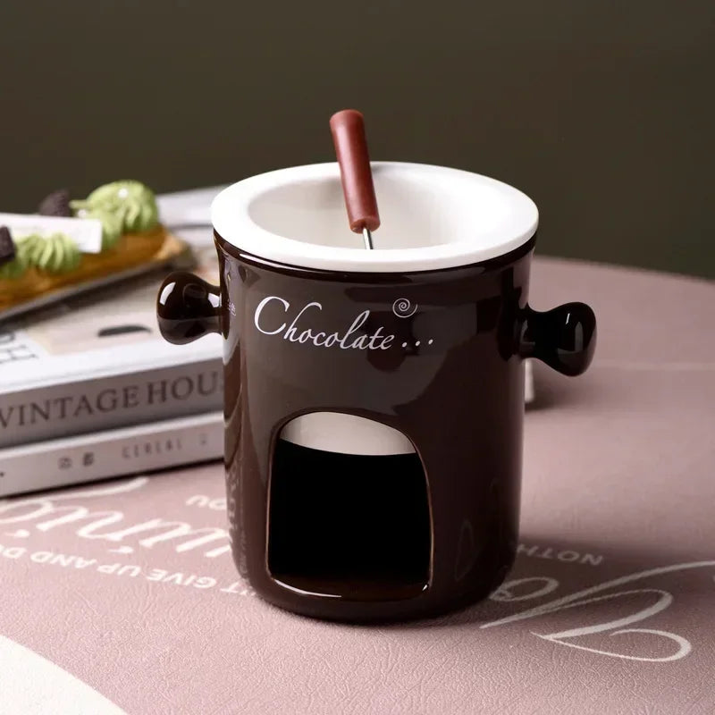 Ceramic Chocolate Melting Mug Set – Chafing Cup with Candle & Fork Ceramic Chocolate Mug Set Zpaxo 301-400ml Black - A