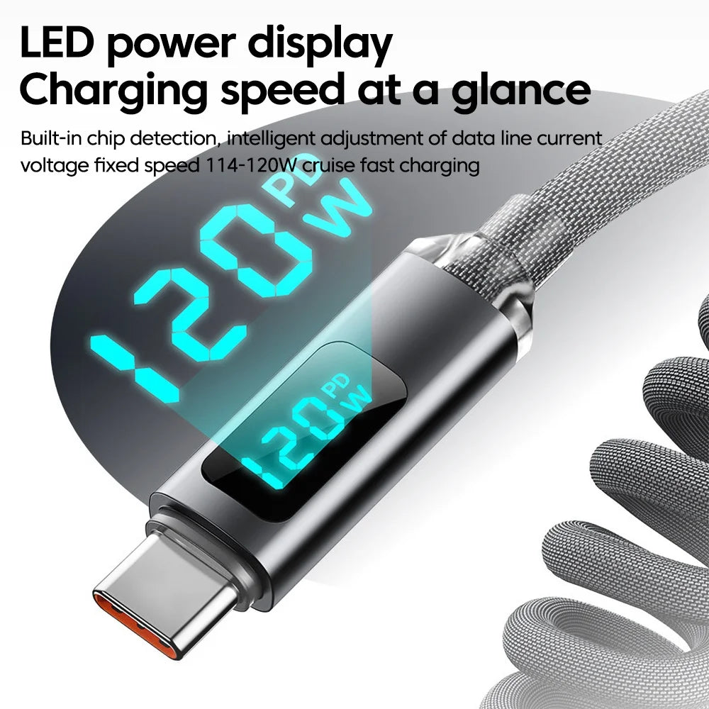 120W Retractable USB-C Cable – Fast Charging & Digital Display USB-C Charging Cable Zpaxo