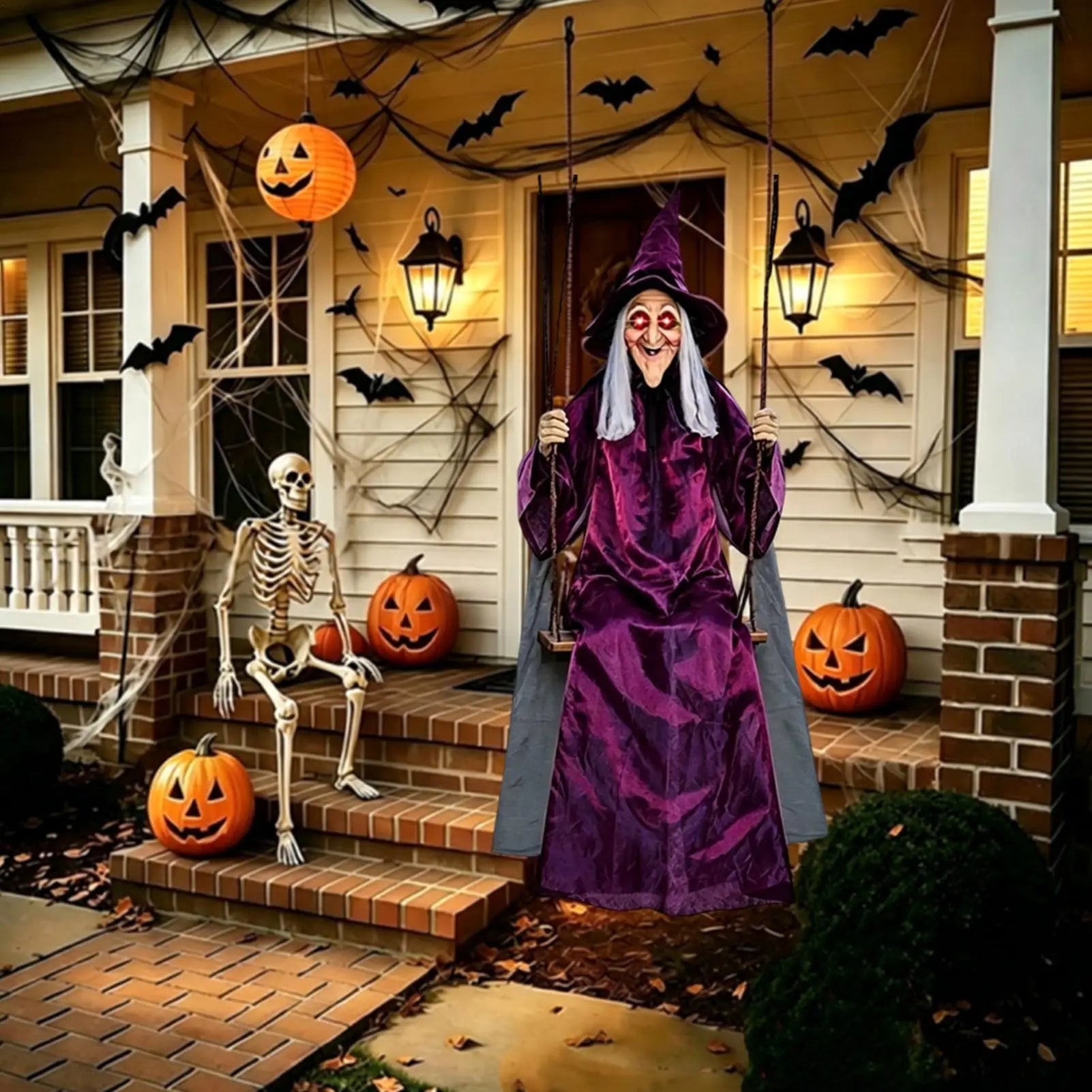 Swinging Witch 1.8m Life Size Outdoor Haunted House Props Witch on a Swing for Garden Porch Yard Lawn Fireplace Mantel Home Zpaxo