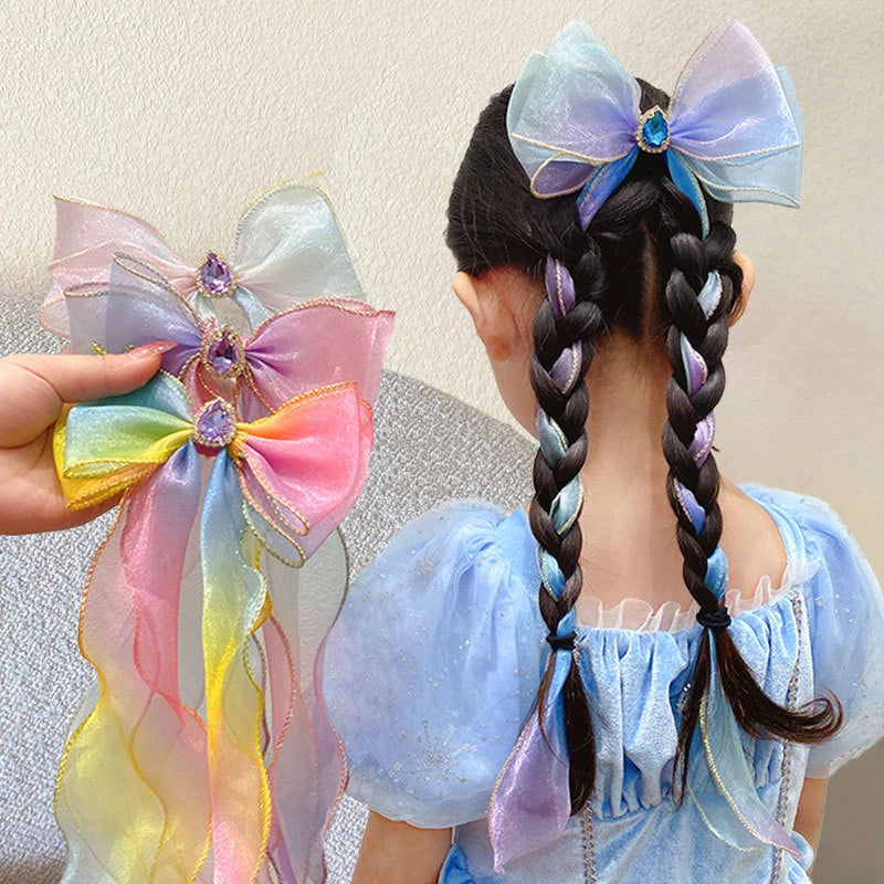 Girls Cute Elegant Mesh Bow Ribbon Hair Clip Faux Pearl Tassel Zpaxo