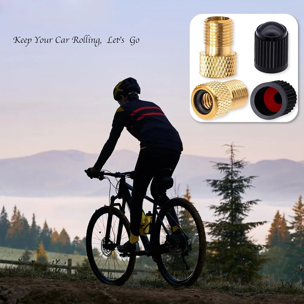 Brass Presta to Schrader Valve Adapter 2-Pack + Valve Caps