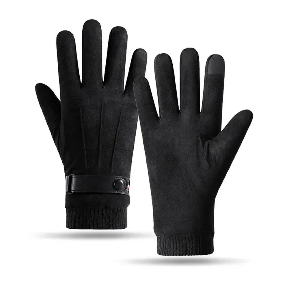 Men's Winter Windproof Warm Gloves Thickened Touch-Screen Suede Finger Gloves Outdoor Driving Buckle Ski Windproof Gloves Unisex Zpaxo ST014-Black