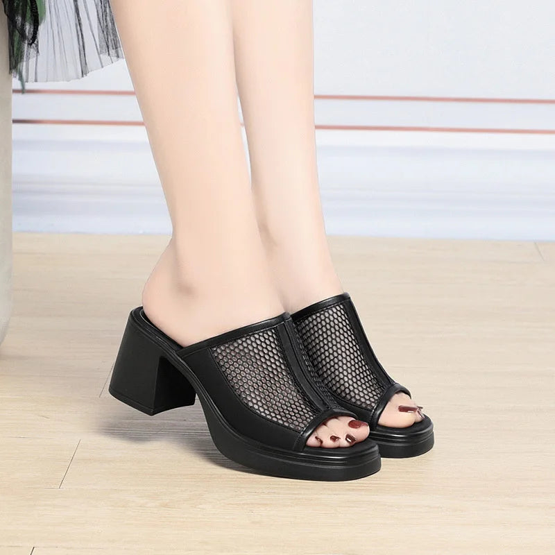 Slippers Women Summer Thick Heel Waterproof Platform Mesh Breathable Zpaxo HC2508 Black 39