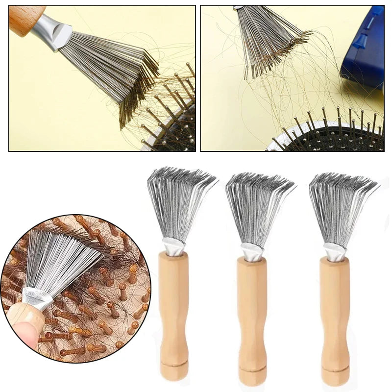 Hair Brush Cleaner Tool Wooden Handle Mini Dirt Remover Brushes Metal