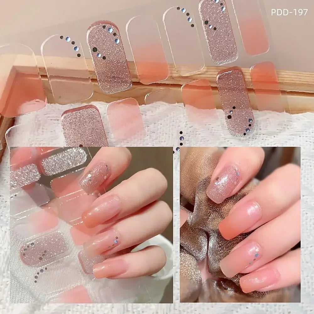 14Strips Gel Nail Stickers Full Cover Floristic Art Semi Cured Polish