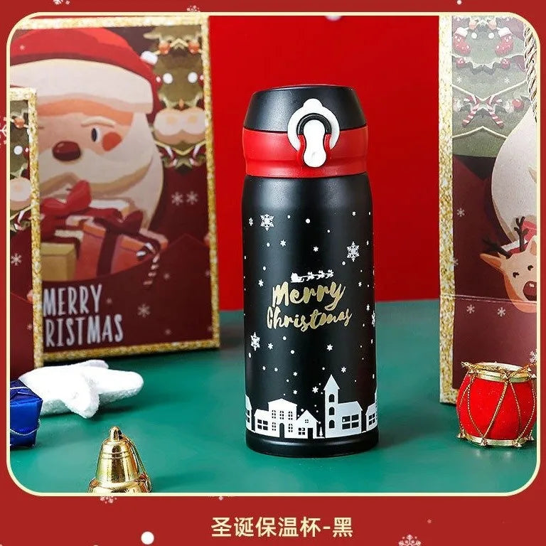 Kids Christmas Thermos – Cute Cartoon 304 Stainless Steel Gift Cup Kids Vacuum Thermos Zpaxo Black 500ml