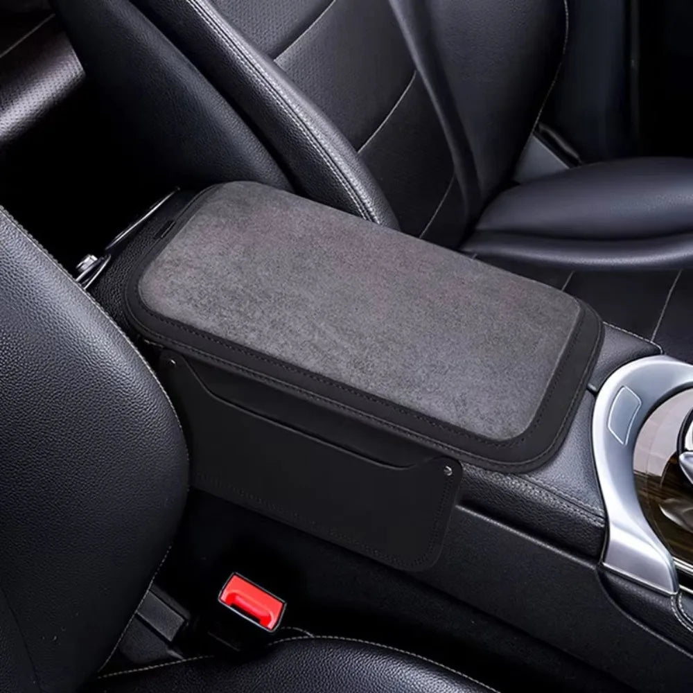 PU Leather Center Console Armrest Cushion Thicken Side Extension Pockets Car Elbow Support Pad Phone Slot Non-slip Zpaxo Black