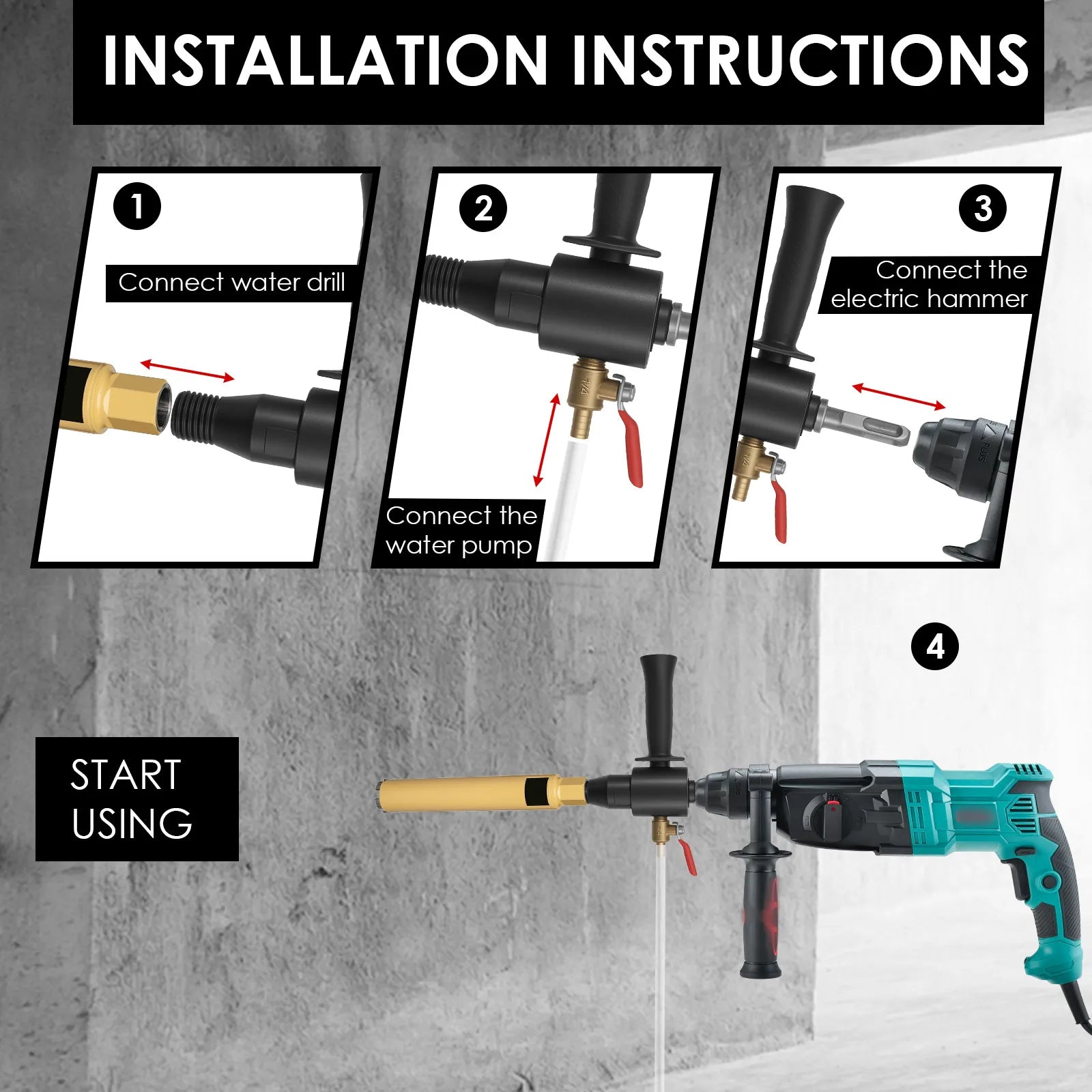 Electric Hammer Into Water Drill Turn Water Drill Water 2.2 cm Male to SDS Max Drill Adapter with 2 Connecting Rod for Drilling Zpaxo