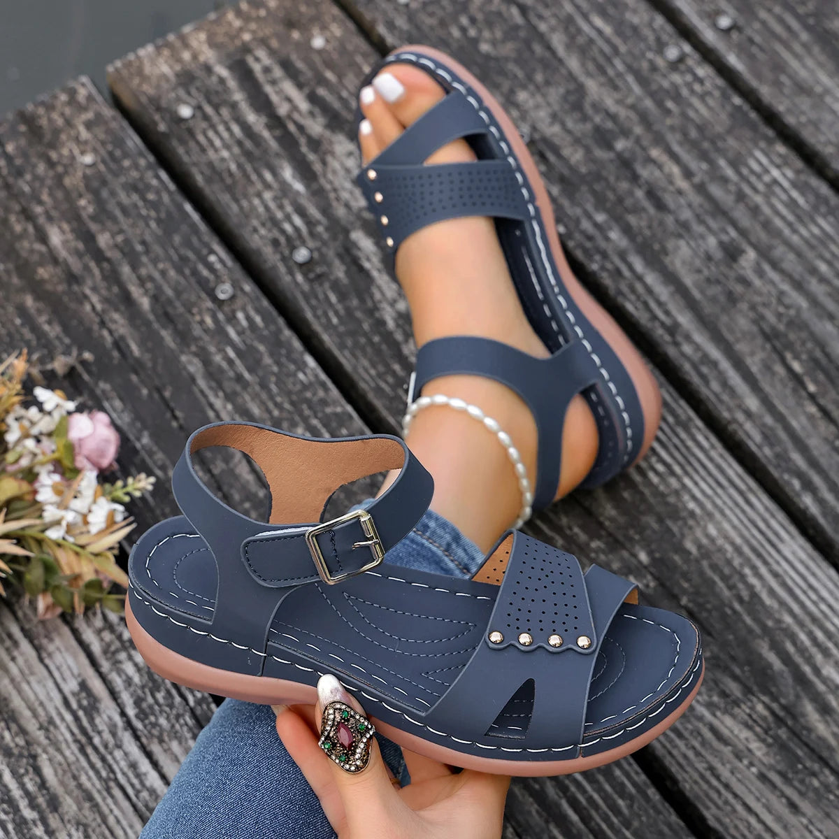 Summer Women Flat Sandals Outdoor Comfortable Ladies Shoes Plus Size Comfortable Women Shoes Lightweight Wedge Sandals Ladies Zpaxo Blue 36
