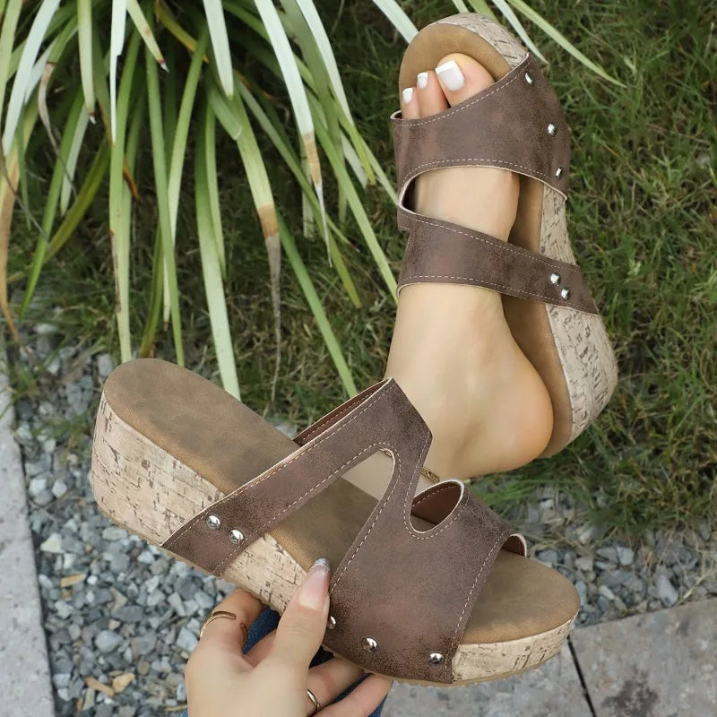 Women's Fish Mouth Ope Toe Comfortable Vintage Wedge Heel Slippers Zpaxo Brown 40