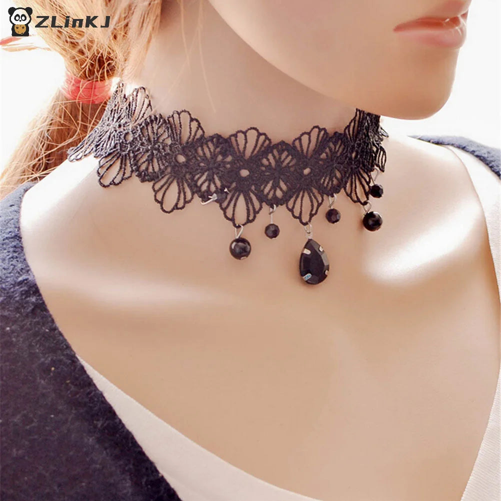 ▶1PCS Gothic Black Lace Retro Choker Collar Flower Pendant Necklace Jewelry Zpaxo