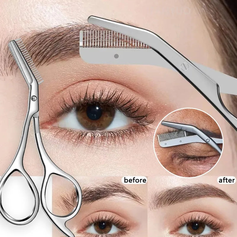 Stainless Steel Eyebrow Scissors Comb Makeup Trimming Knife Men Women