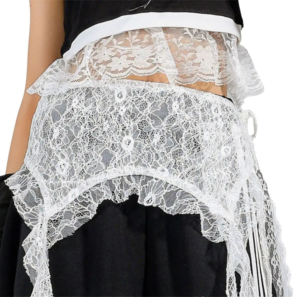 Embroidered Flower Lace Mini Skirt Irregular See Through Lace Up Ruffles Skirt Y2K Streetwear High Waist Butt Curtain Zpaxo
