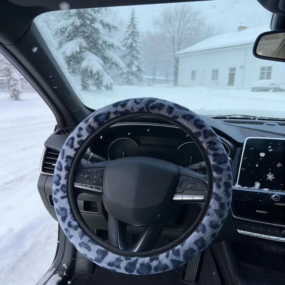 Leopard Steering Wheel Cover Winter Fur Artificial Rabbit Soft Zpaxo