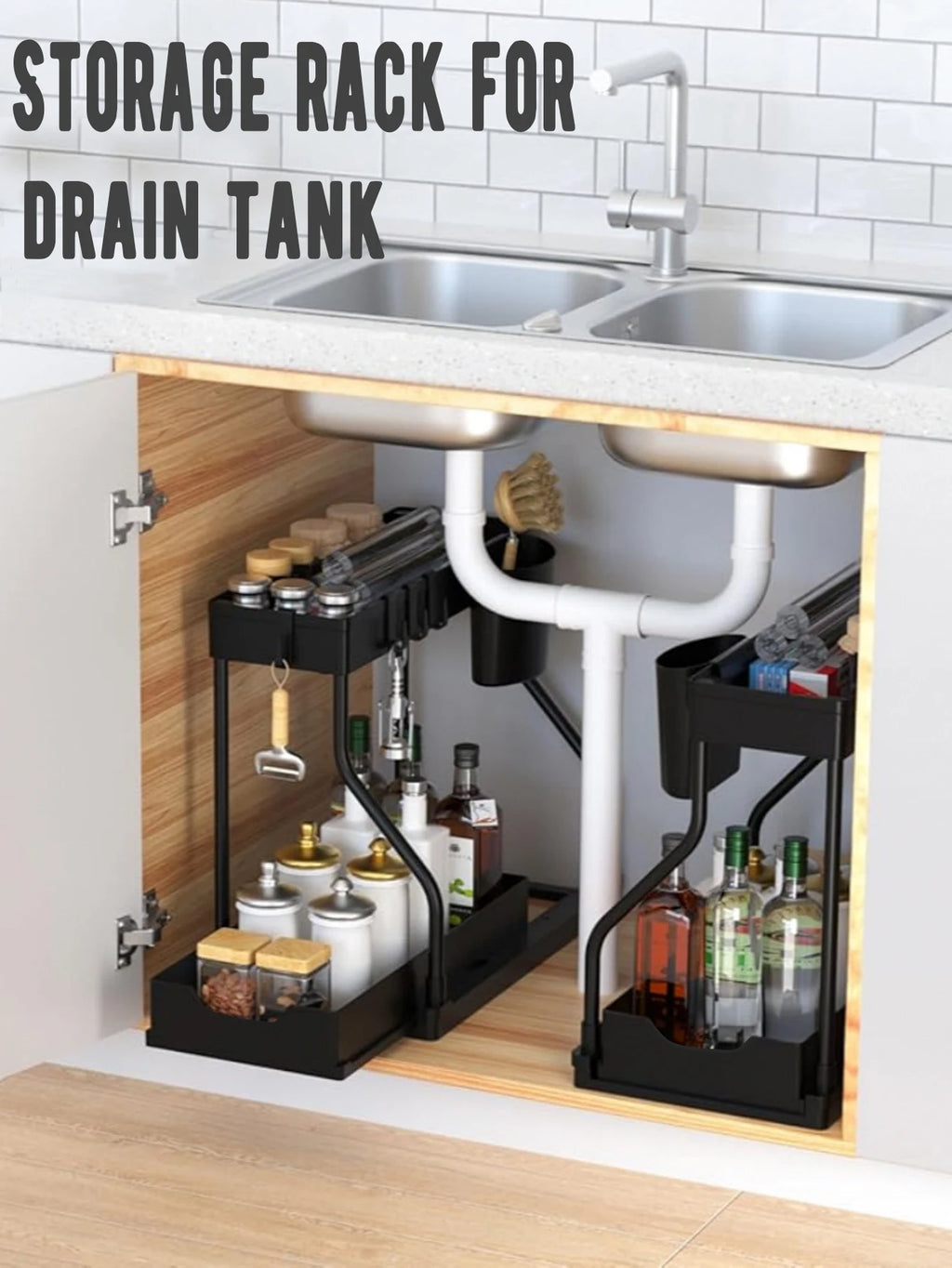 2-Tier Pull-Out Under Sink Organizer | Kitchen & Bathroom Cabinet Pull-Out Organizer Zpaxo