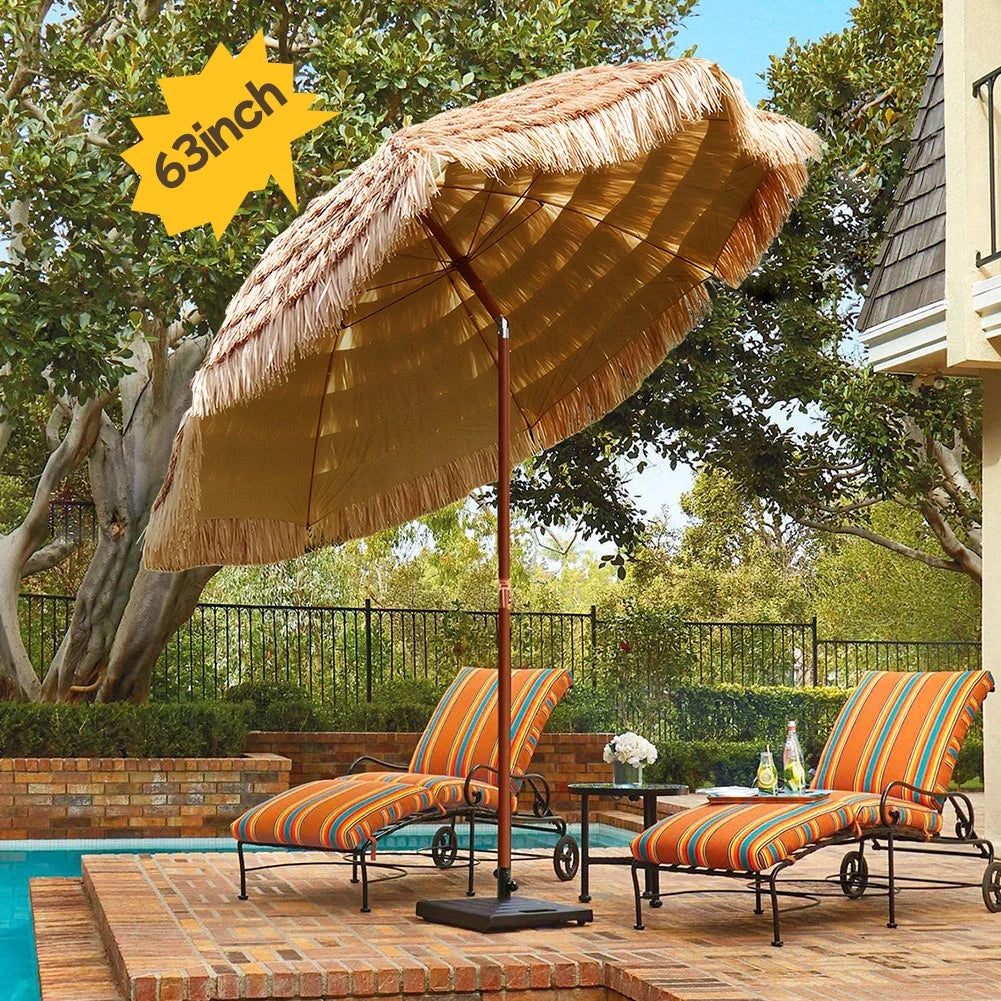 63inch Thatched Garden Umbrella with Tripod Base Beach Umbrella Outdoor Tiki Patio Umbrella for Garden, Lawn, Deck, Backyar Zpaxo