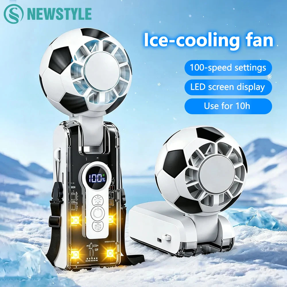 Foldable Handheld Ice Cooling Fan LED Digital Display and LED Lighting 100-Speeds Rechargeable Football Cold Compress Neck Fan Zpaxo