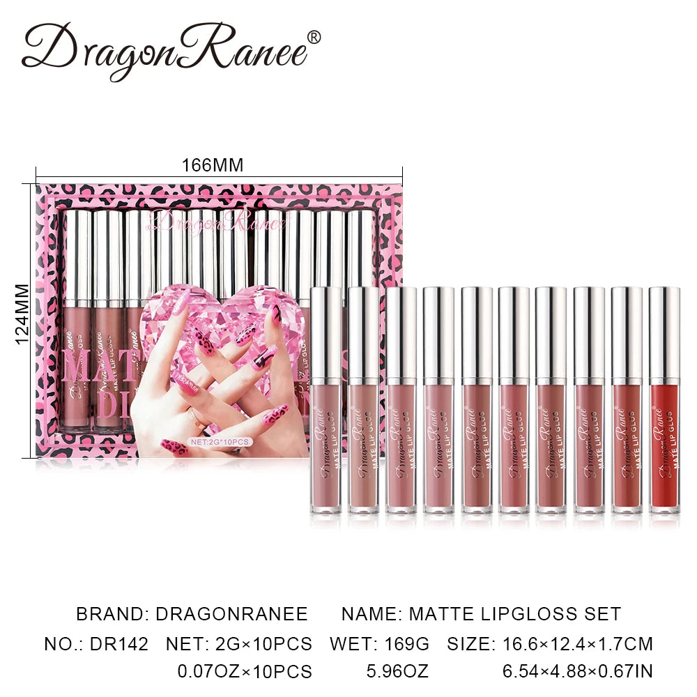 Lip Gloss Set of Ten in a Box, Velvet Soft Matte, Brightening, Versatile, Moisturizing Lipstick, Nude Color, Long-Lasting, Non-Stick, Non-Fading Lip Gloss Zpaxo