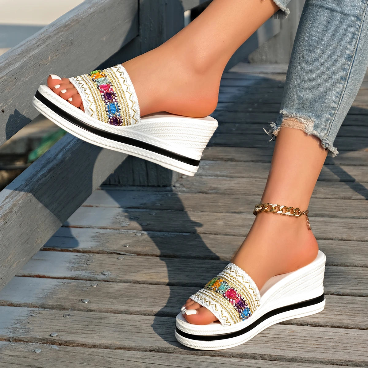 2025 Women Sandals Summer Patchwork Wedges Slippers Bohemian Open Toe Beach Women Shoes Non-Slip Plus Size Wedge Shoes for Woman Zpaxo
