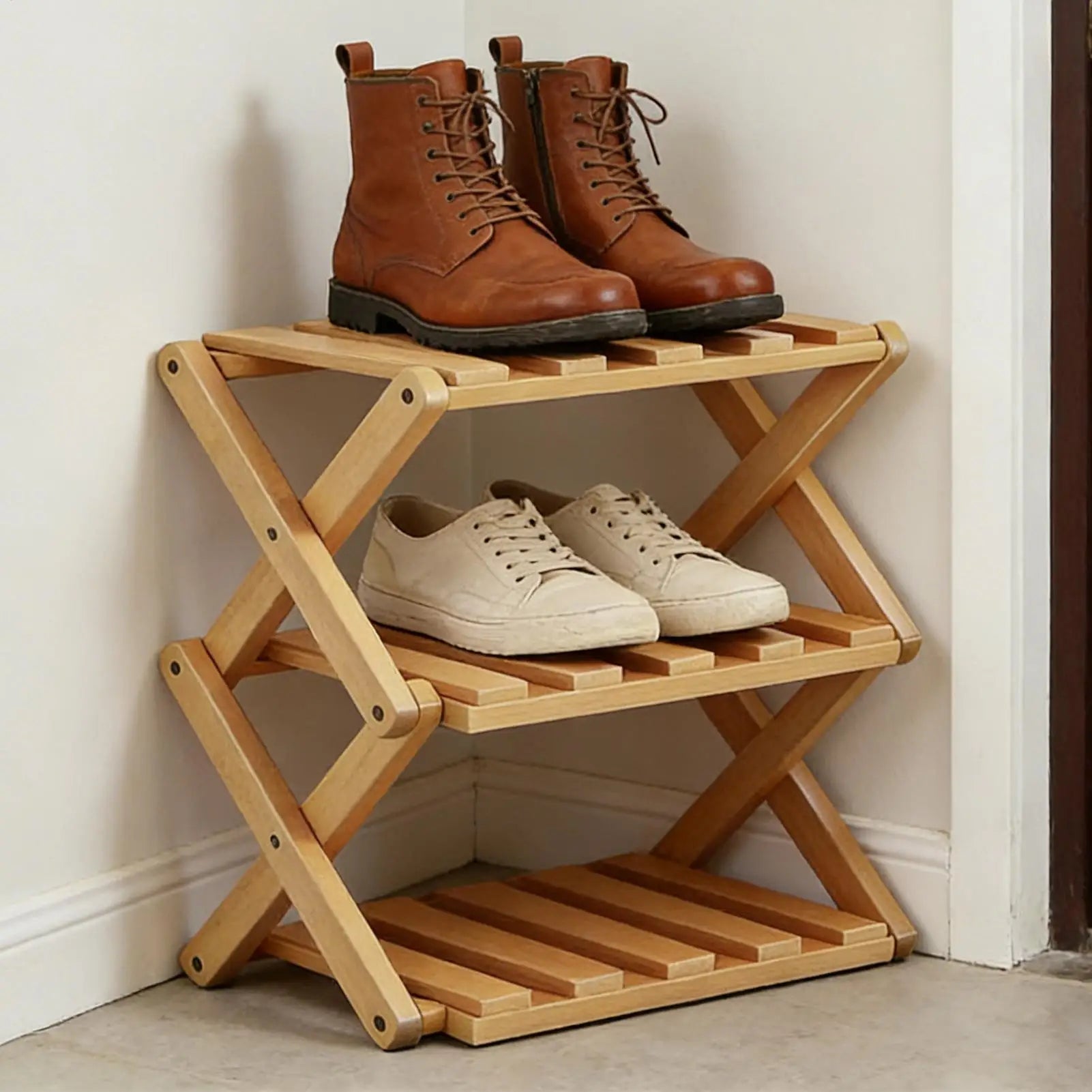 Wood Shoe Rack 3-Tier Expandable Adjustable Folding Organizer Wooden