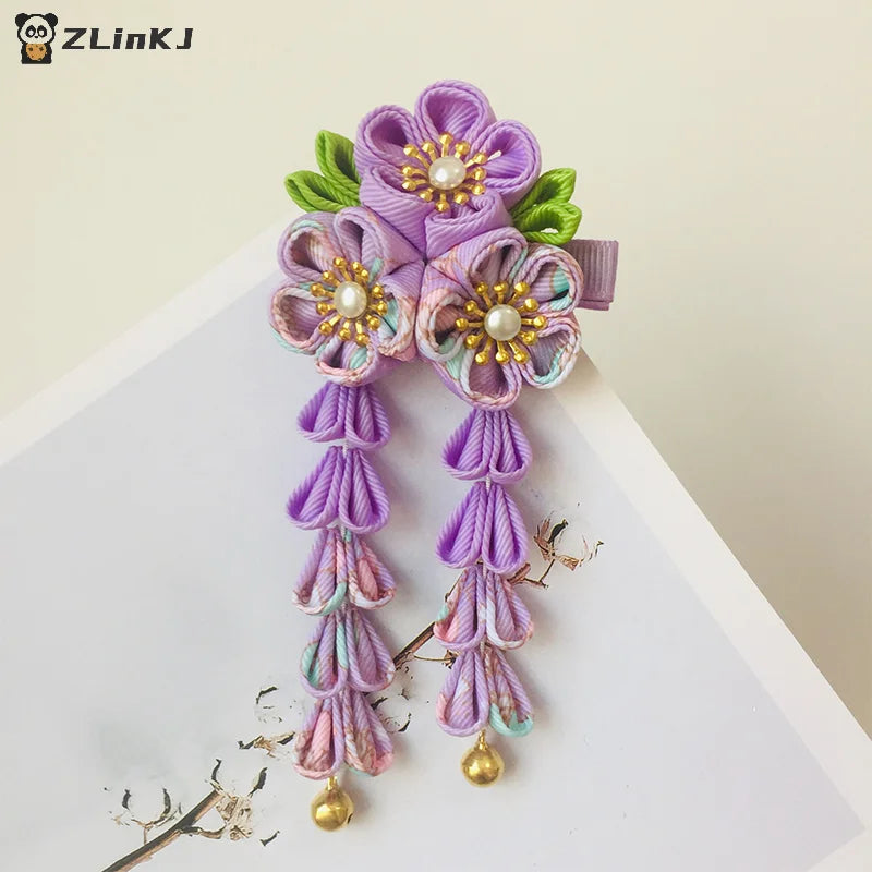 ▶Japanese Kimono Fabric Flower Folding Fan Children Hair Accessories Clip Tassel Headwear Headdress Barrette Zpaxo