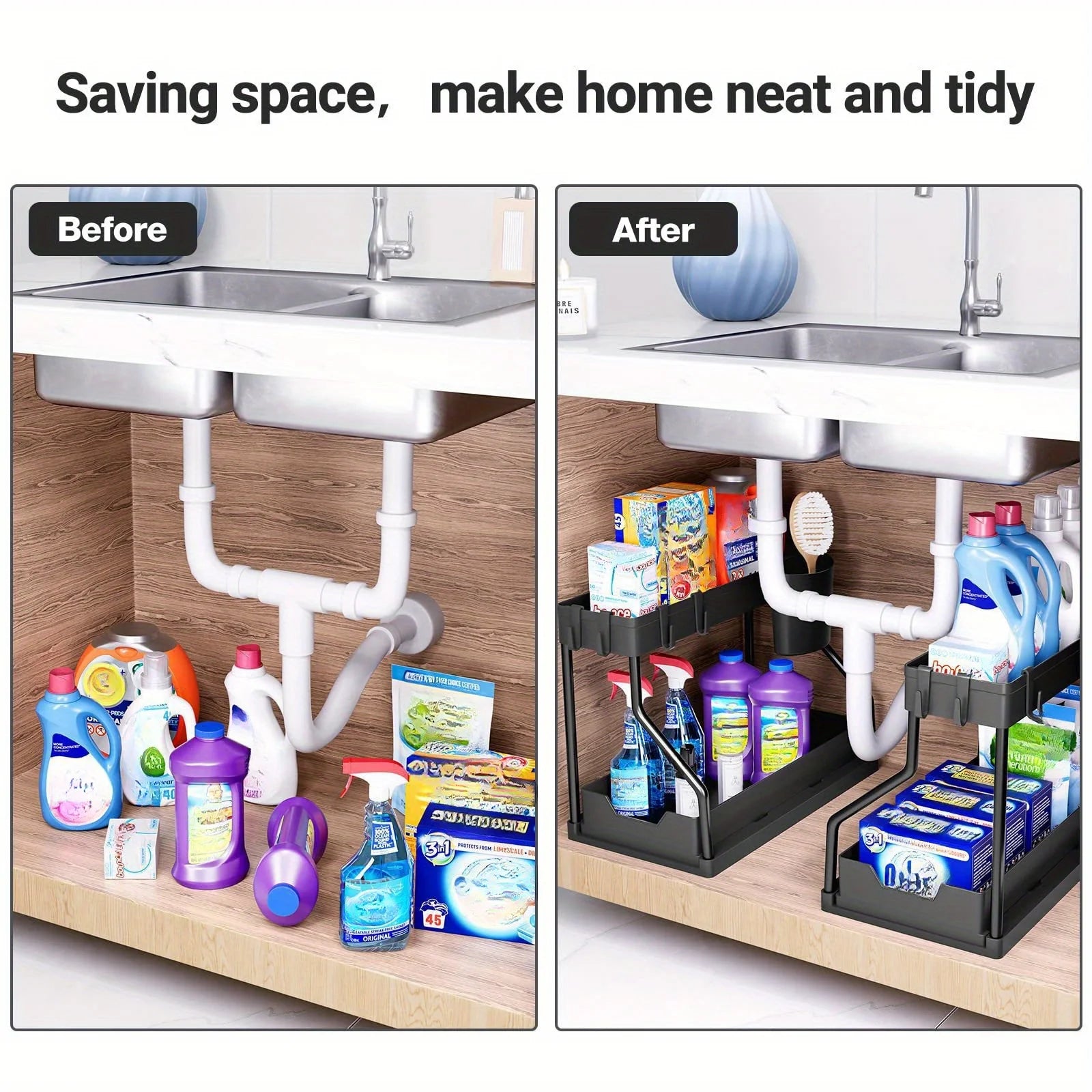 2-Tier Under Sink Organizer – Sliding Cabinet Basket & Hooks Cabinet Organizer Zpaxo