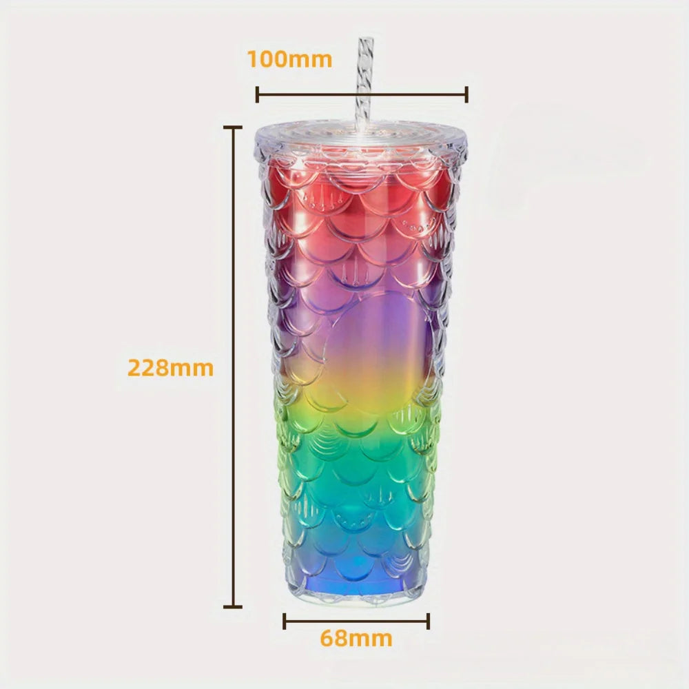 Large Capacity Colorful Laser Double-layer Straw Cup, Fish Scale Plastic Water Cup, Durian Cup Zpaxo