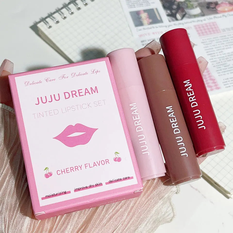 Three-color water-glow lipstick set - Satin finish, red, nude, brown lipsticks, mini lip gloss set for lip makeup. Full lips Zpaxo