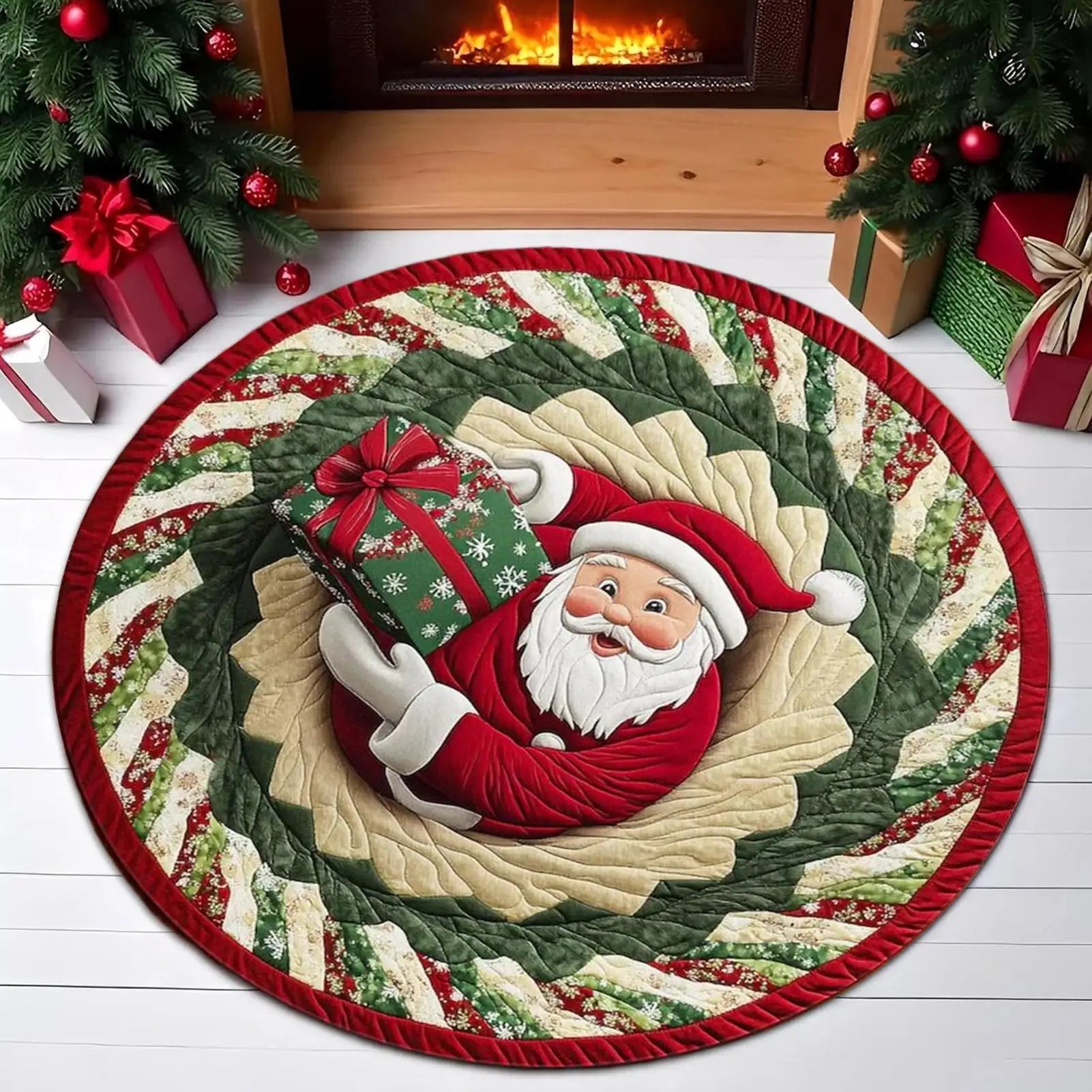 Christmas 3D Rug Round Santa Claus Washable Door Mat Optical Illusion