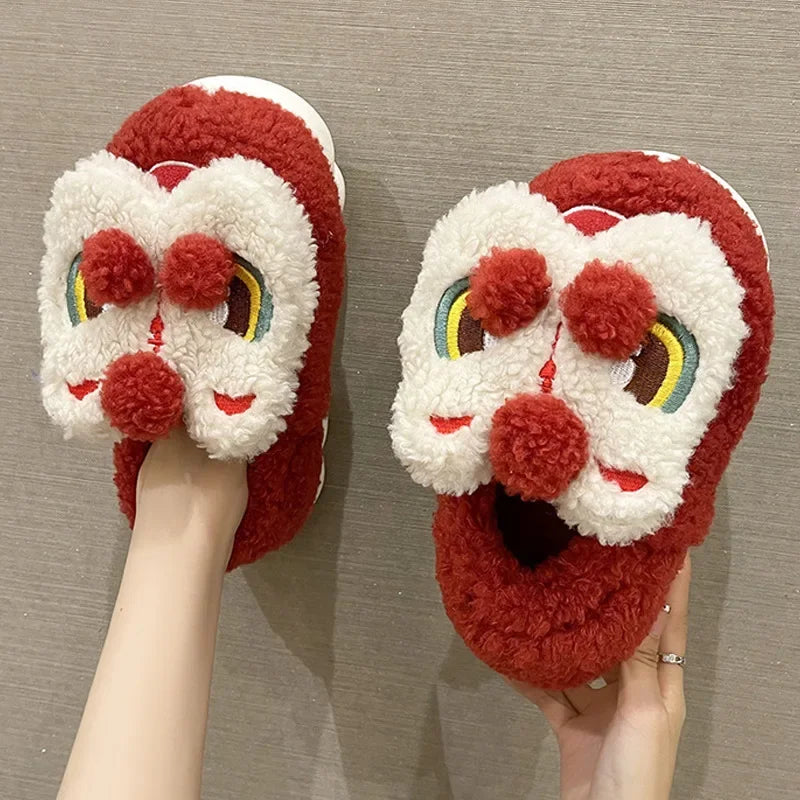 SHAJI Unisex Cute Lion Dance Plush Slippers Winter Warm Fluffy Zpaxo