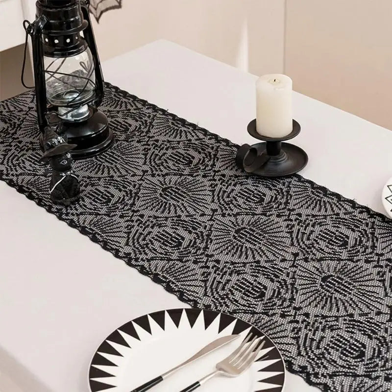 Elegant Black Lace Halloweens Tablecloth Polyester Fabric Party
