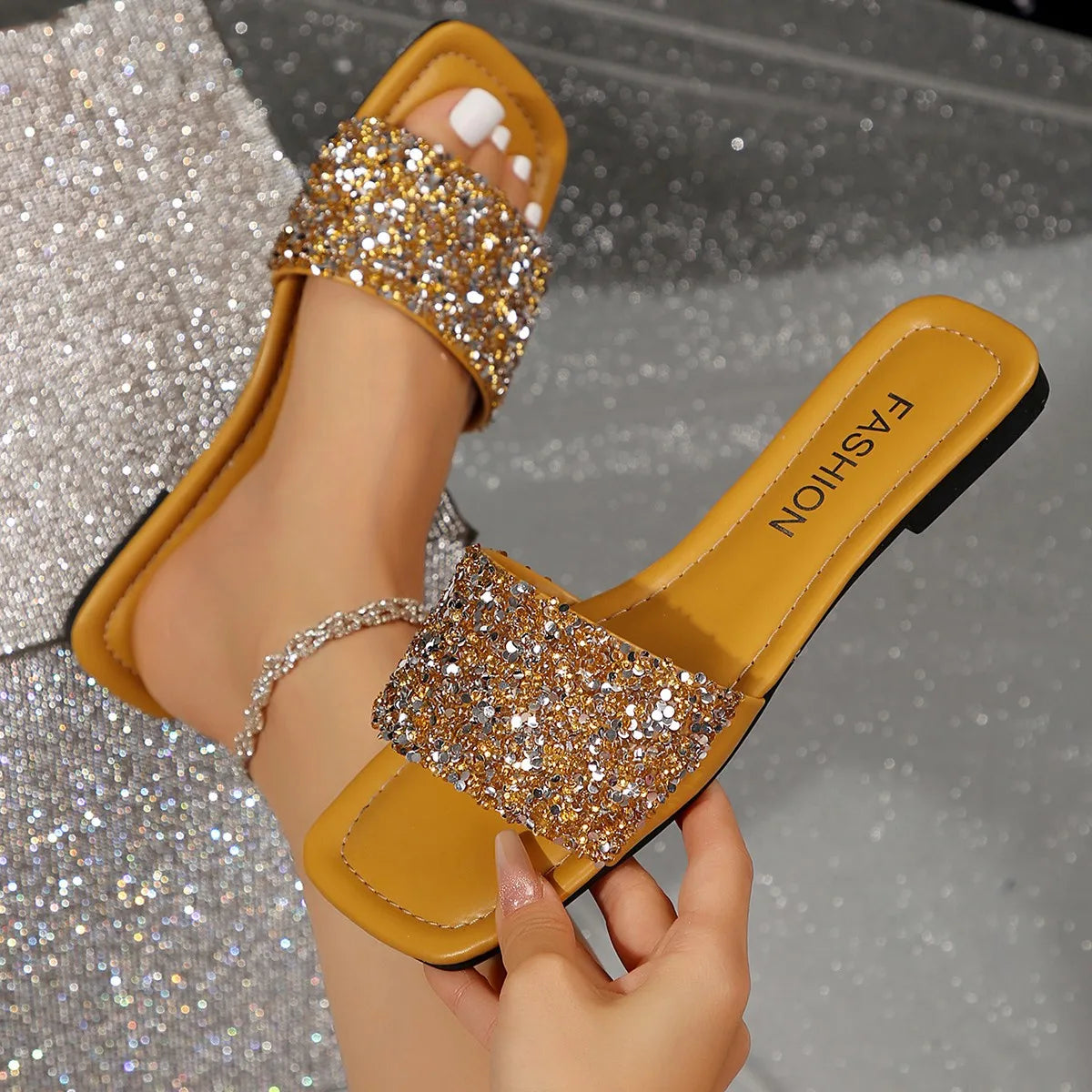 Women Slippers Comfortable Slip-on Flats Shoes Shiny Sequin Flat Zpaxo