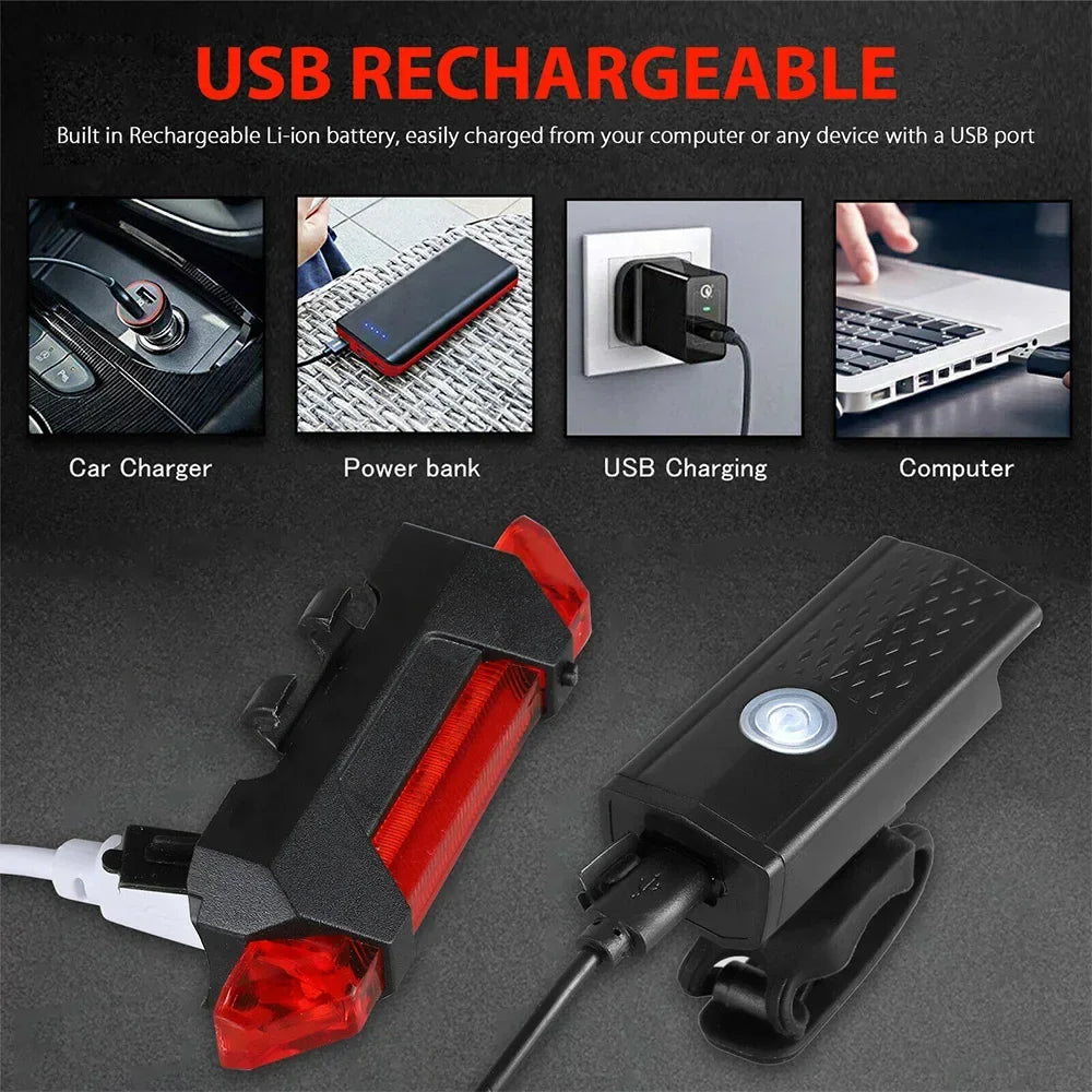 USB Rechargeable Bike Light Set – Front & Tail Light, 4 Modes