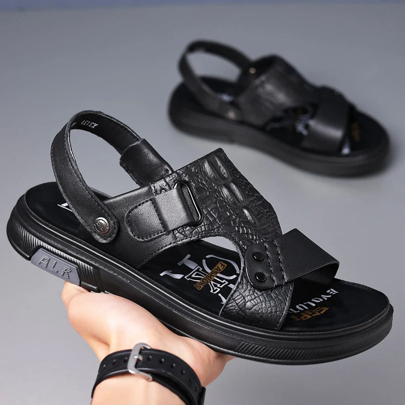 Mens Brown Leather Two Way Wear Sandals Open Toe Adjustable Strap Zpaxo