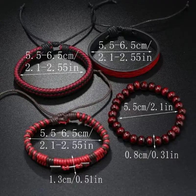 4-Piece Vintage Men's Leather & Wooden Beaded Bracelet Set