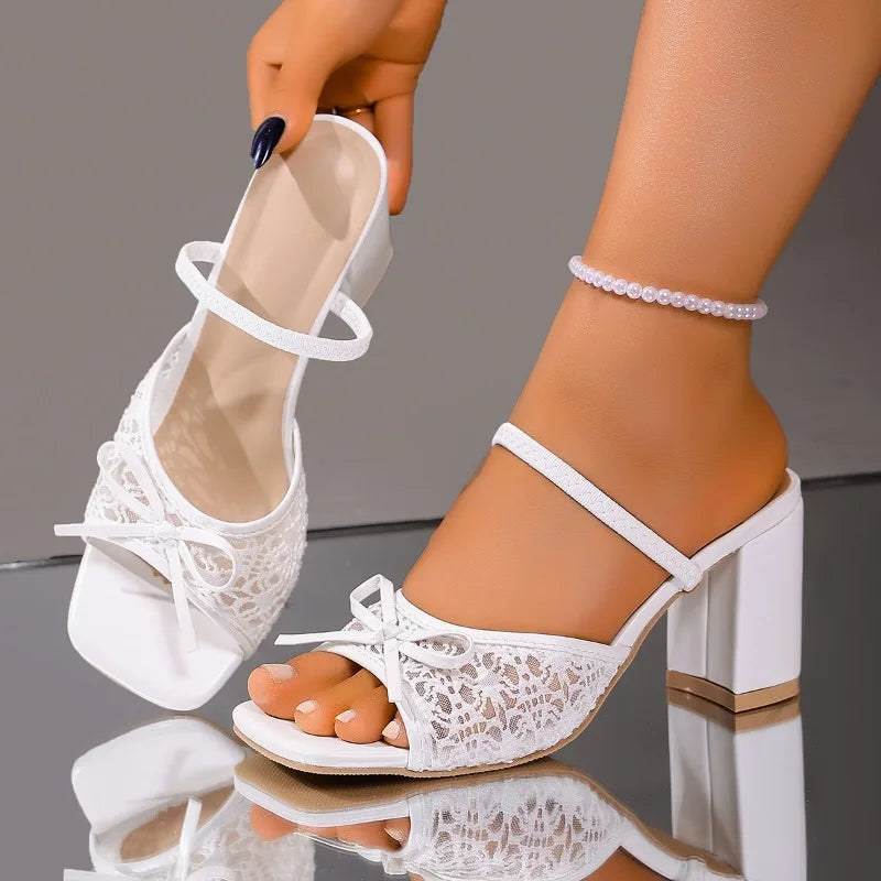 Women's Bow Embellishment Solid Square Open Toe Heel Slippers Summer Zpaxo WHITE 43