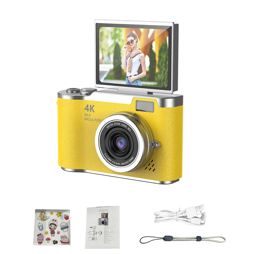 New 4K CCD 8X Digital Zoom Digital Camera for Student 48MP Compact Digital Photography Camera 180 Flip Screen Selfile Camera Zpaxo Yellow Camera ADD 128GB