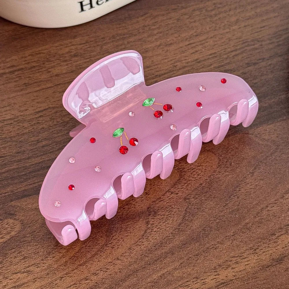 New Diamond-Studded Acetate Hair Claw Butterfly Shape Floral Pattern Hair Clip Sweet Style Elegant Shark Clip Back-Head Updos Zpaxo Pink Cherry