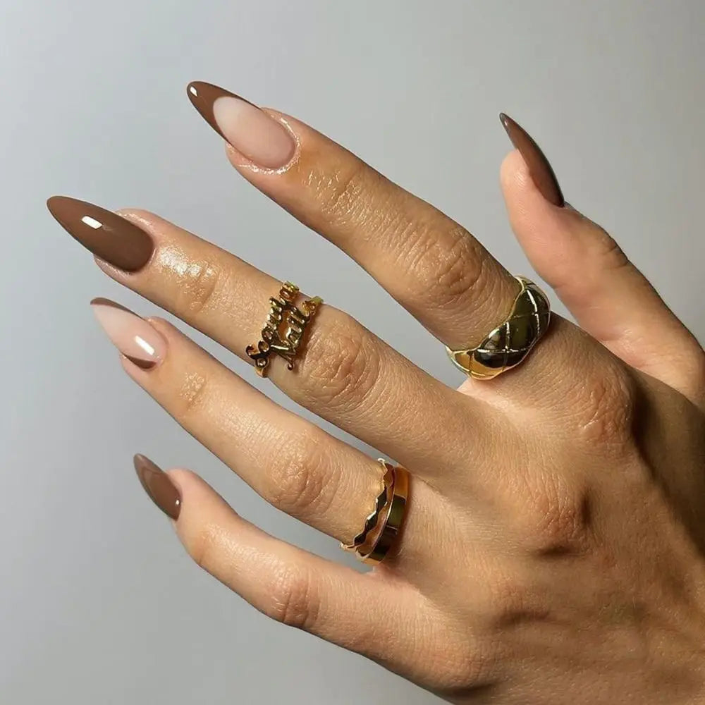 Manicure Long Almond False Nails French White Edge Press Bow Zpaxo JP2860