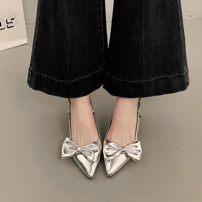 Slingback Pumps Bow Knot Kitten Heel Black Silver Colors Wedding Zpaxo