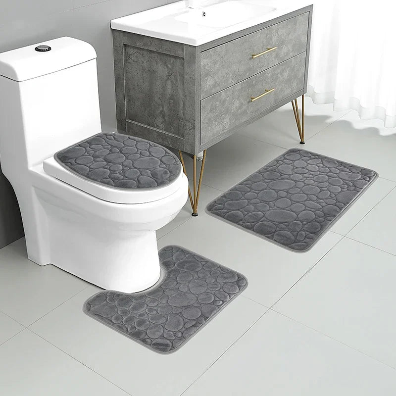 3PCS Solid Color Simple Bathroom Water-absorbing and Non-slip Floor Mat Stone Pattern, Comfortable and Soft, Three-piece Set Zpaxo